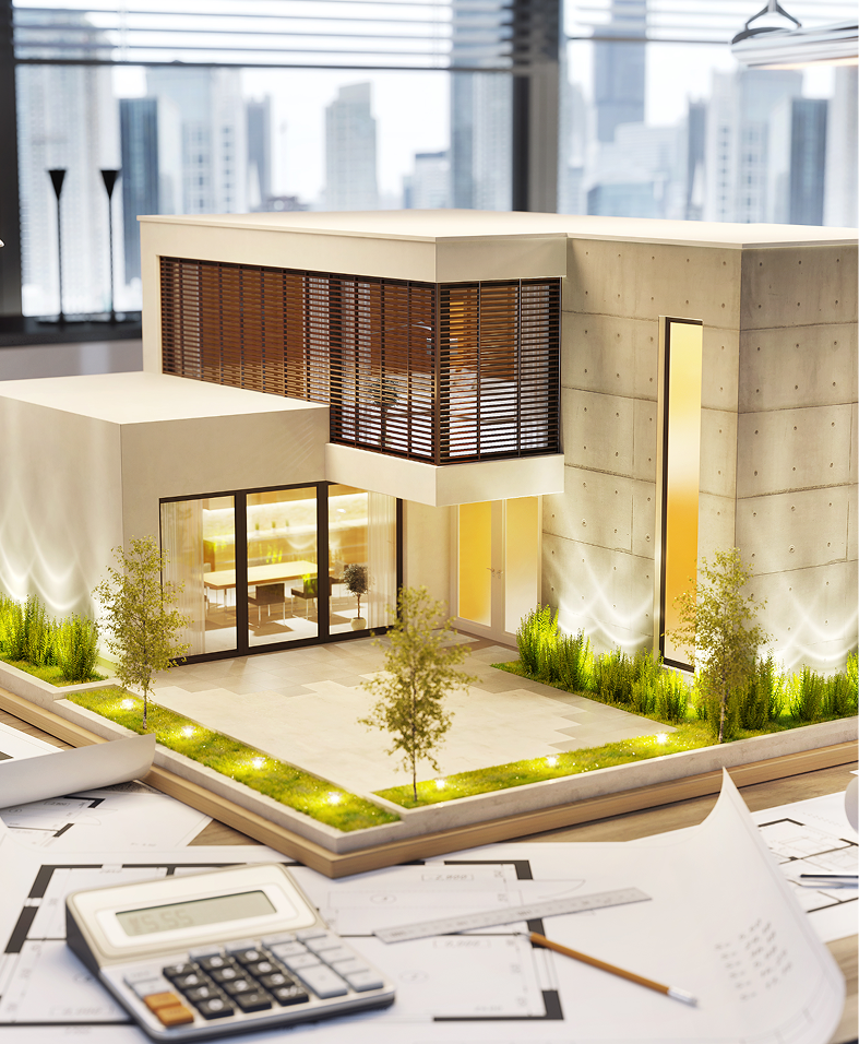 Modern architectural model with city backdrop
