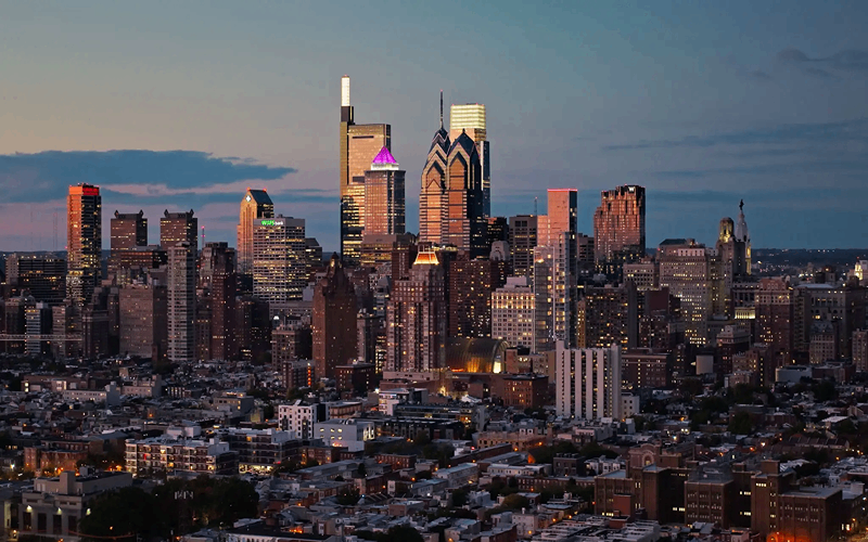 Philadelphia skyline with glowing lights
