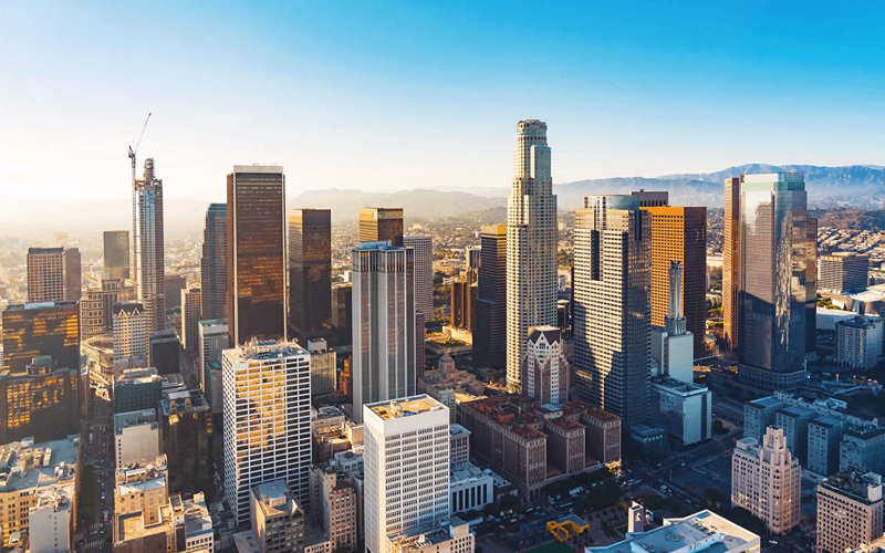 City skyline with tall skyscrapers