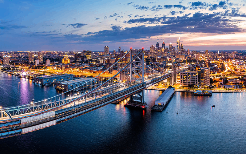 Urban skyline and bridge at sunset